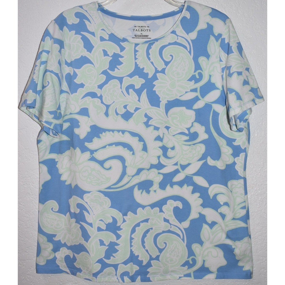 Talbots Tee XL Stretch Top Blue Mint Green Paisley Floral Short Slv Pullover - Picture 2 of 16